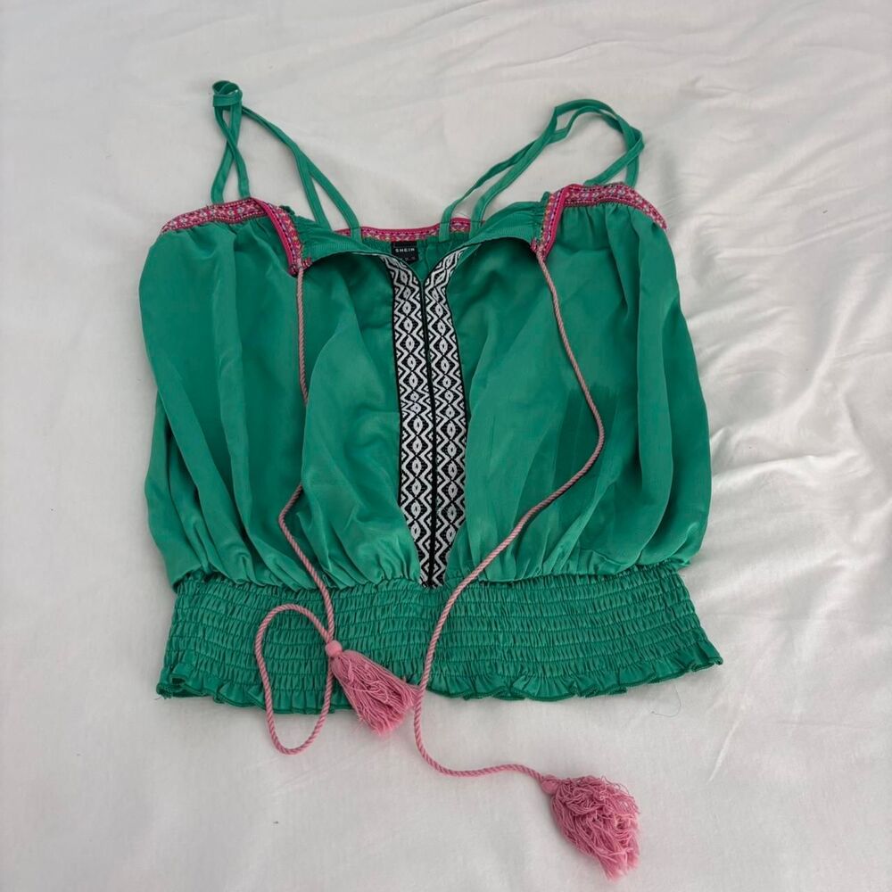 SHEIN Boho Green Pink Black Tassle Women's Small Tank Scrunch Flowy Blouse Top